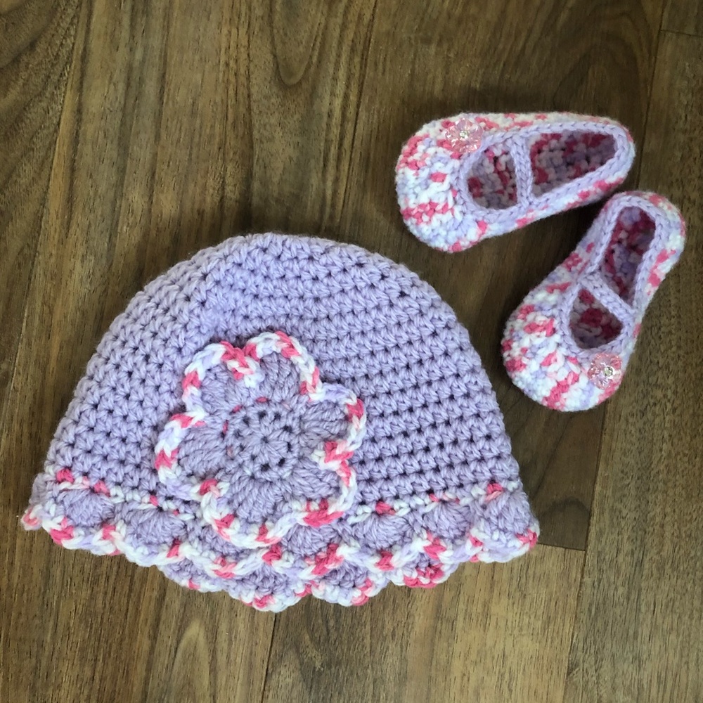 Purple Hand Knit Hat with Matching Booties